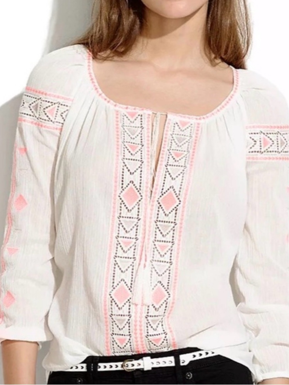 Madewell embroidered peasant blouse white coral XS boho cotton tunic